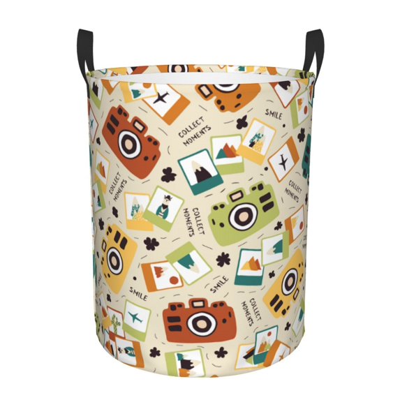DouZhe Waterproof Collapsible Large Laundry Baskets, Funny Travel Photo Cameras Prints Circular Hamper with Handles