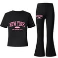 thumbnail image 2 of ZHOGXU Big Kids Girls Outfit Letter Printed Short Sleeve Round Neck Top And Flare Leg Pants Two Piece Comfortable Fashion Sets For Daily Wear Black 9-10 Years, 2 of 3