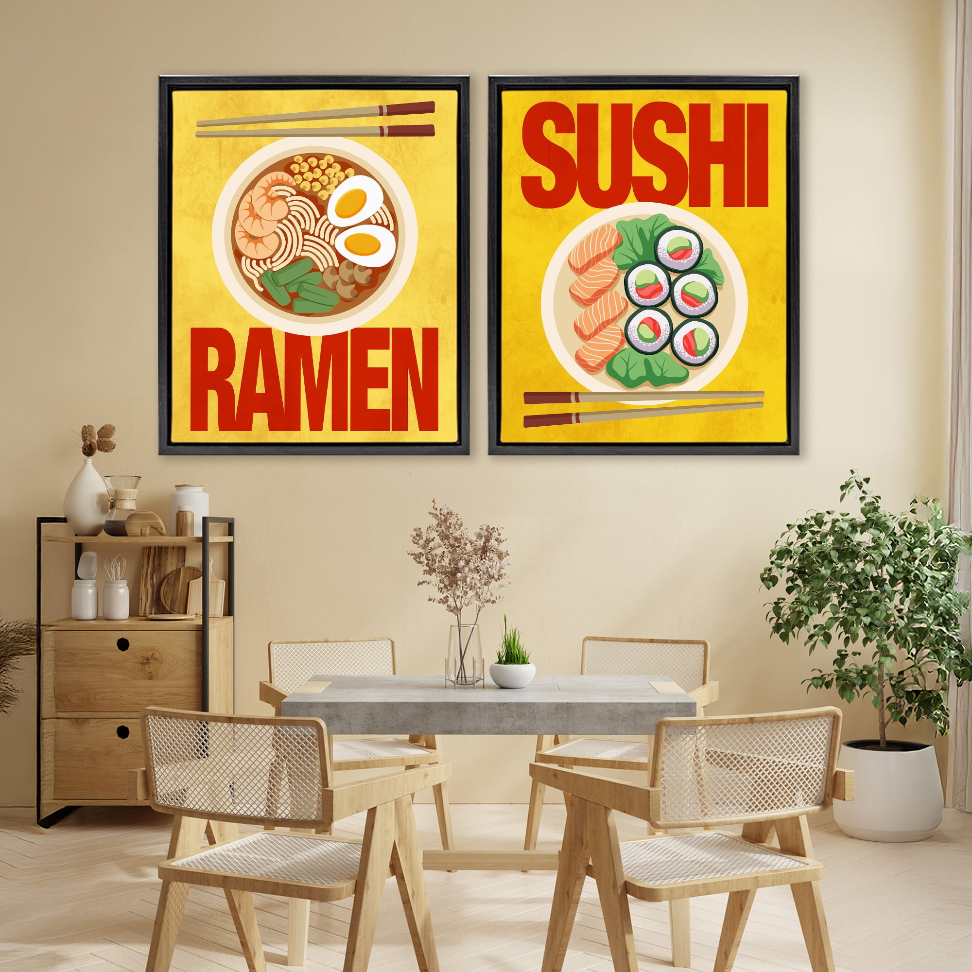 Stupell Industries Ramen & Sushi Japanese Cuisine 2 Piece Black Framed Floater Canvas Set, design by Marcus Prime