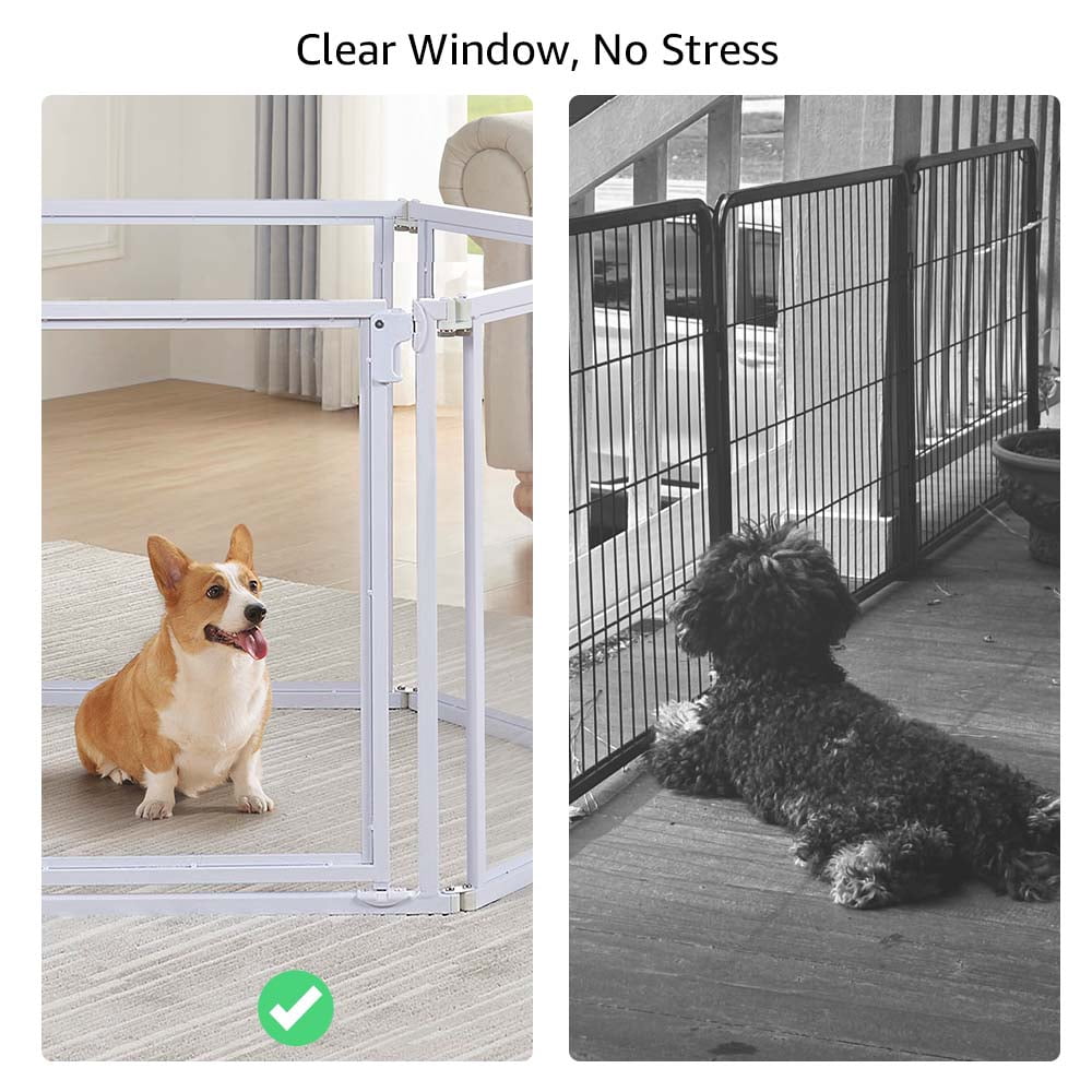 Unipaws Clear Acrylic Transparent Dog Playpen, 125” Extra Wide 6 Panels Freestanding Walk Through Dog Gate