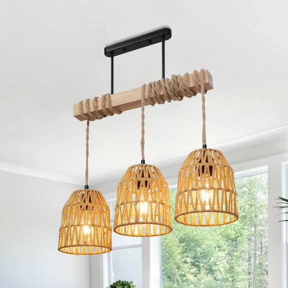 DONGPAI Kitchen Island Light Fixtures, 3-Light Farmhouse Wood Linear Chandelier with Rattan Shade, Height Adjustable Pendant Lights Kitchen Island for Bar Restaurant Dining Room