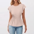 thumbnail image 2 of MIXUE Women Blouses Summer Solid Color Round Neck Short Sleeve Pleated Elegant Womens Tops Outwear,Brown,XXXL, 2 of 5