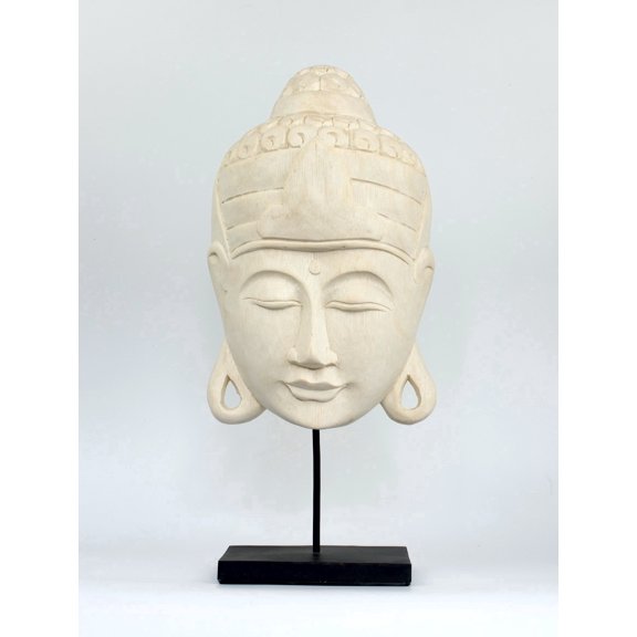 17" Wooden White Buddha Head Mask with Stand Statue Hand Carved Sculpture Handmade Figurine Gift Home Decor Accent Handcrafted Decoration