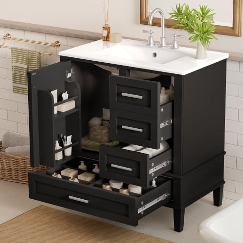 Free-standing Black Modern Bathroom Cabinet with Sink 30 inch Bathroom Storage Cabinet with 1 Soft-Closing Door and 3 Soft-Closing Drawers, Solid Wood Frame