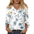 thumbnail image 2 of Iaqnaocc Women's Tops, Tees & Blouses Summer 3/4 Length Sleeve Womens Tops Casual Crewneck T-Shirts Vintage Floral Print Tees Blouses Business Work Clothes Light Blue M, 2 of 7