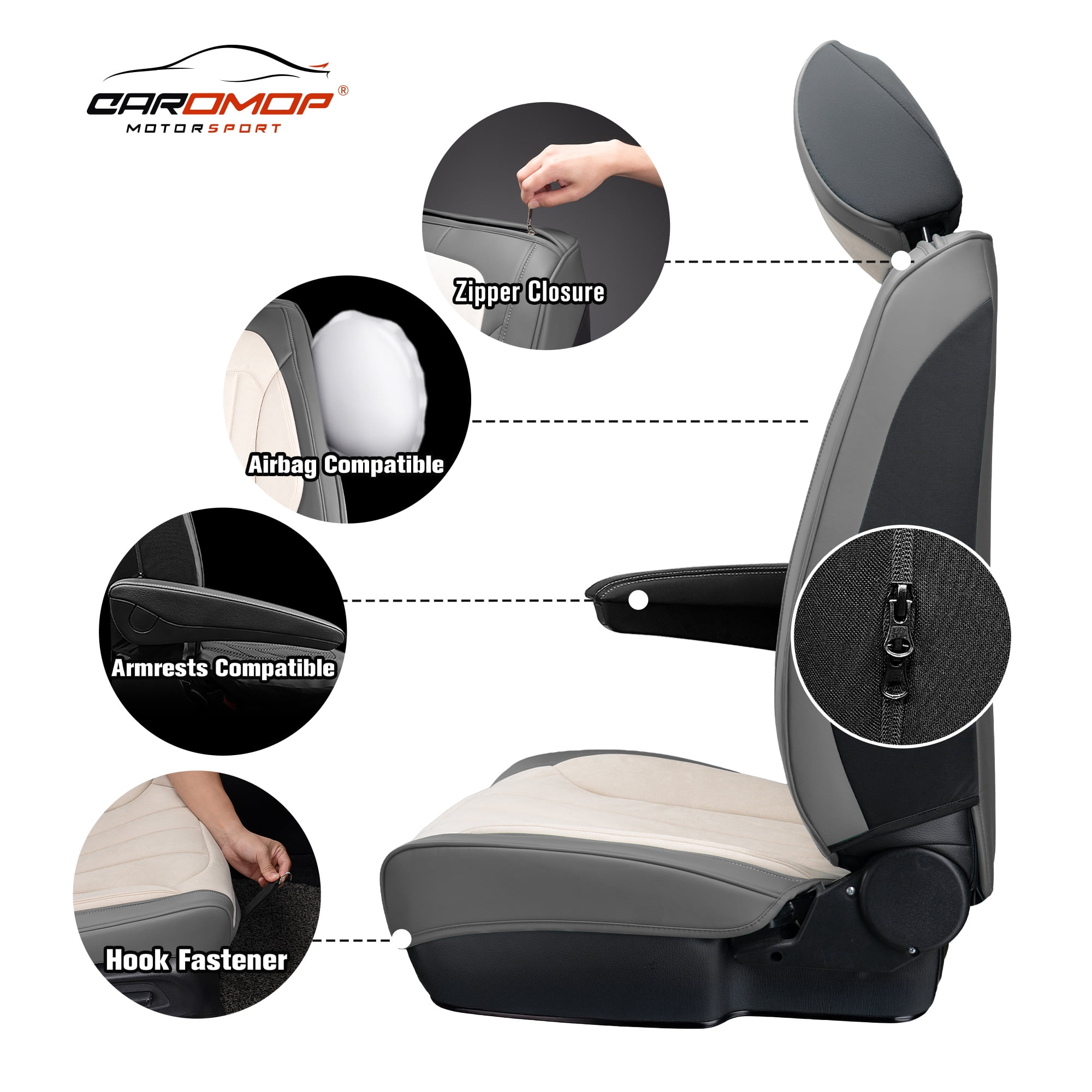 Caromop Universal Car Seat Covers Full Set,3D Foam Support in Velvet & PU Leather,Armrest Compatible for Cars, Trucks, SUVs (Beige/Gray)