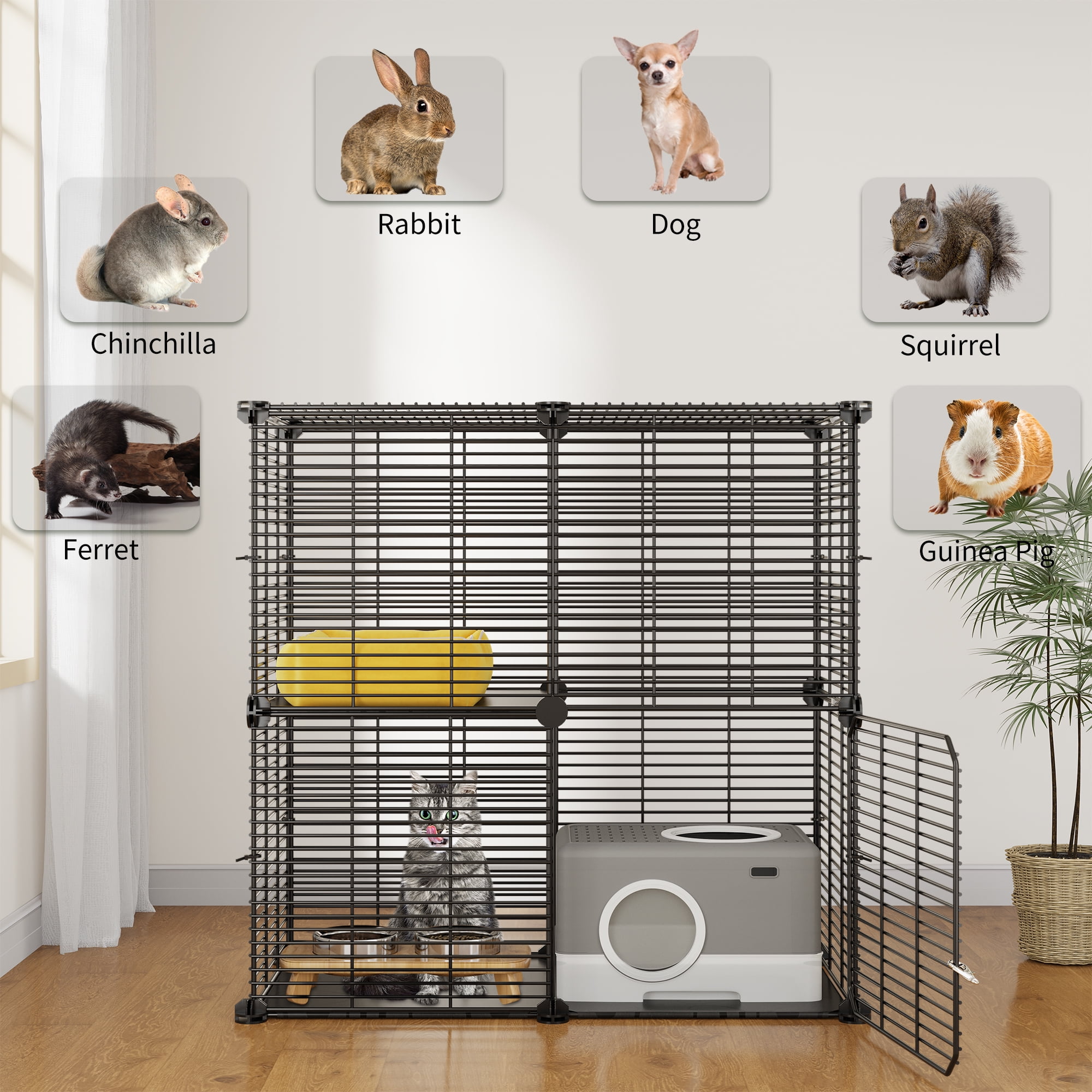 Uforic 2-Tier Cat Cage,Indoor DIY Pet Playpen Metal Cat Kennel for Ferrets,Kittens,Chinchillas, Detachable Metal Kennel,28"L x 14.1"W x 28"H,Black