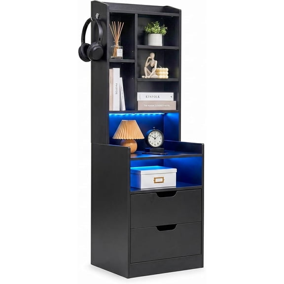 WoofPaw Tall Black LED Nightstand with Charging Station Drawers | Multi-Purpose Bedroom End Side Table Built with Power Outlets, LED Lights and Bookshelf, Functional Storage Furniture
