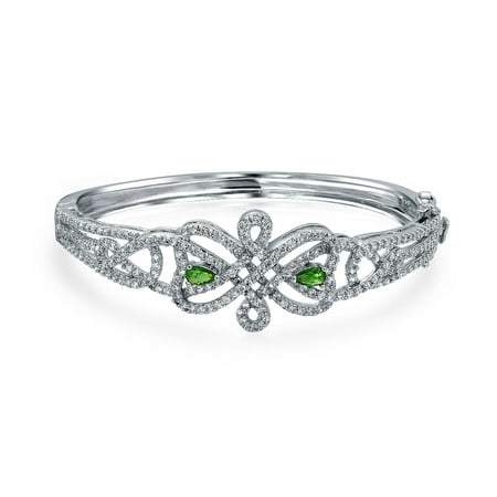 Bridal Clasp Bracelet - Celtic Love Knot Bangle Bracelet Bridal Simulated Green Emerald CZ Rhodium Plated Safety Clasp 7 Inch
