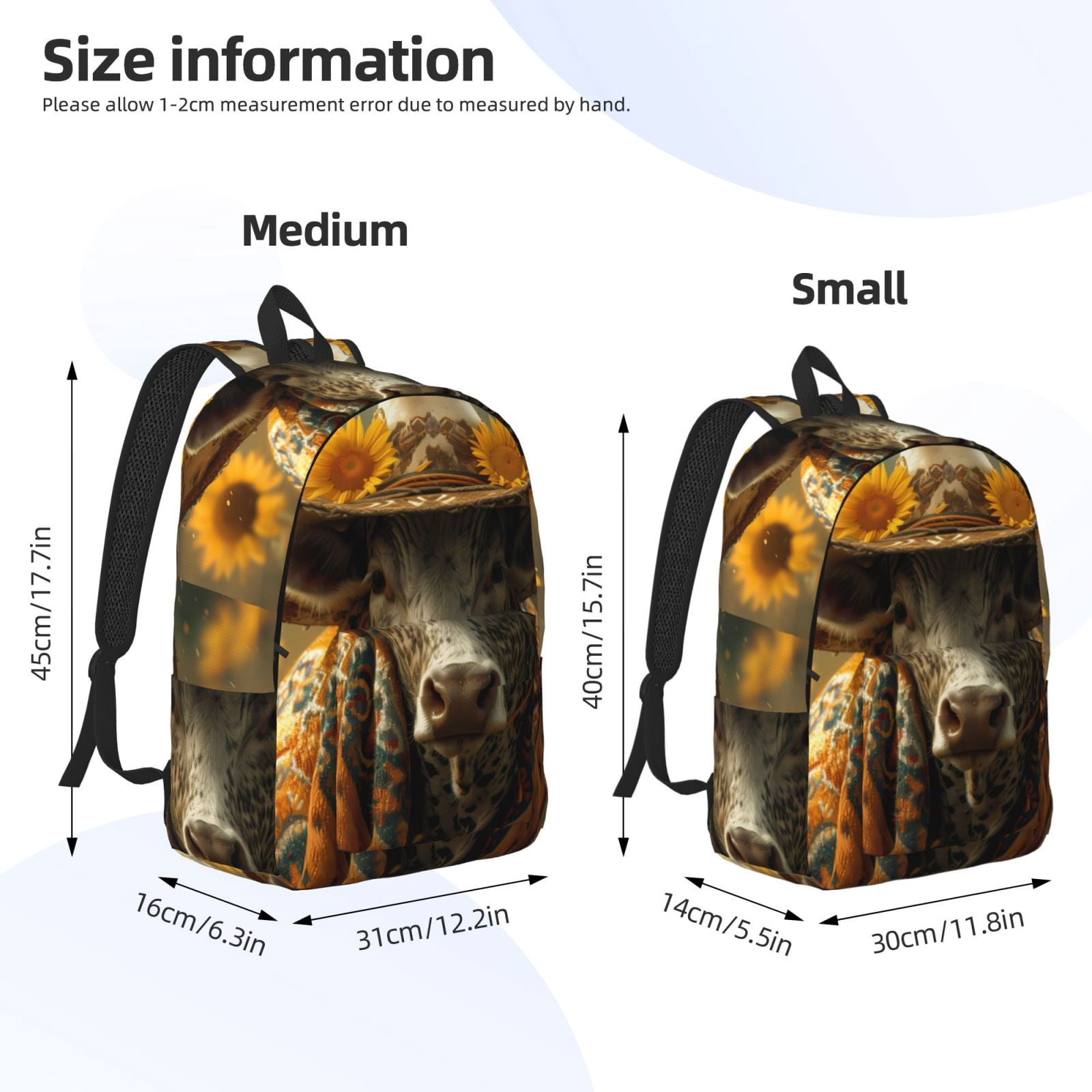Vsdgher Sunflower Cowboy Hat Cow Print Canvas Backpack Travel Rucksack Unisex Knapsack 15.7/17.7Inch Laptop Backpack for Work,College -Medium