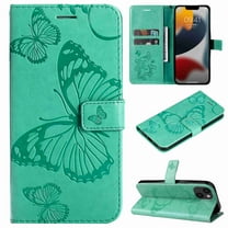 Decase Wallet Case for Apple iPhone 14 Plus, Butterfly Embossed PU Leather Wallet Case Flip Protective Phone Cover with Card Slots and Kickstand Case,Green