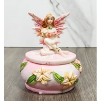 Pink Daisy Fairy Garden Fae Small Round Trinket Jewelry Box Figurine 3.25"H