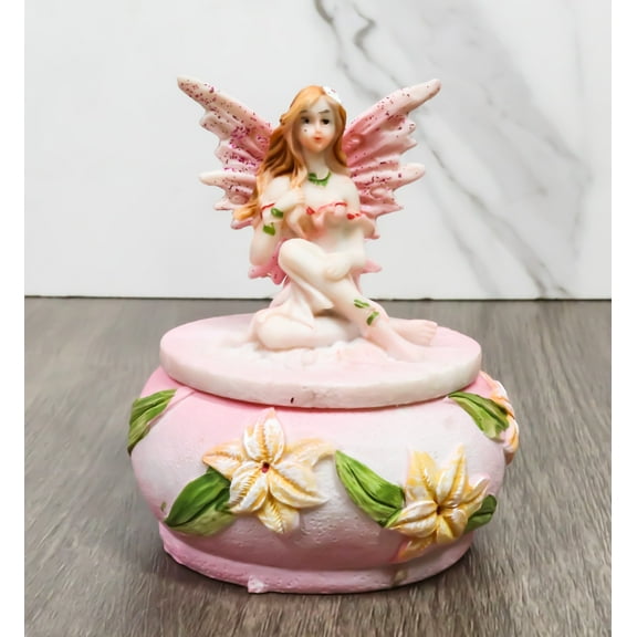 Pink Daisy Fairy Garden Fae Small Round Trinket Jewelry Box Figurine 3.25"H