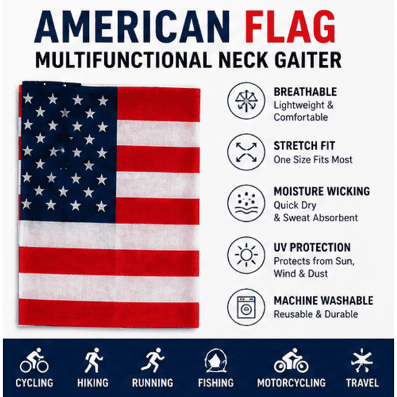 American Flag Neck Gaiter Face Cover – Multifunctional Seamless Bandana Mask, Breathable Polyester Tube Scarf for Men & Women Outdoor Sports