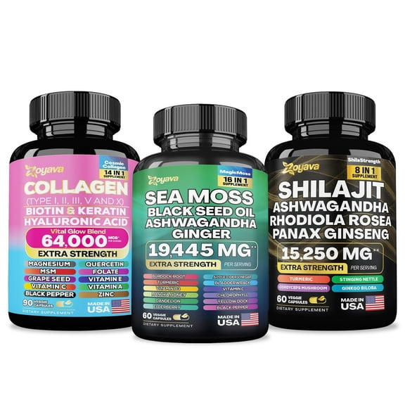 Ultimate Wellness Trio: Sea Moss, Shilajit, Collagen with Black Seed Oil, Ashwagandha, Turmeric, Bladderwrack, Burdock, Ginger, Vitamin C/D3, Elderberry, Dandelion, Yellow Dock, Chlorophyll, Rhodiola
