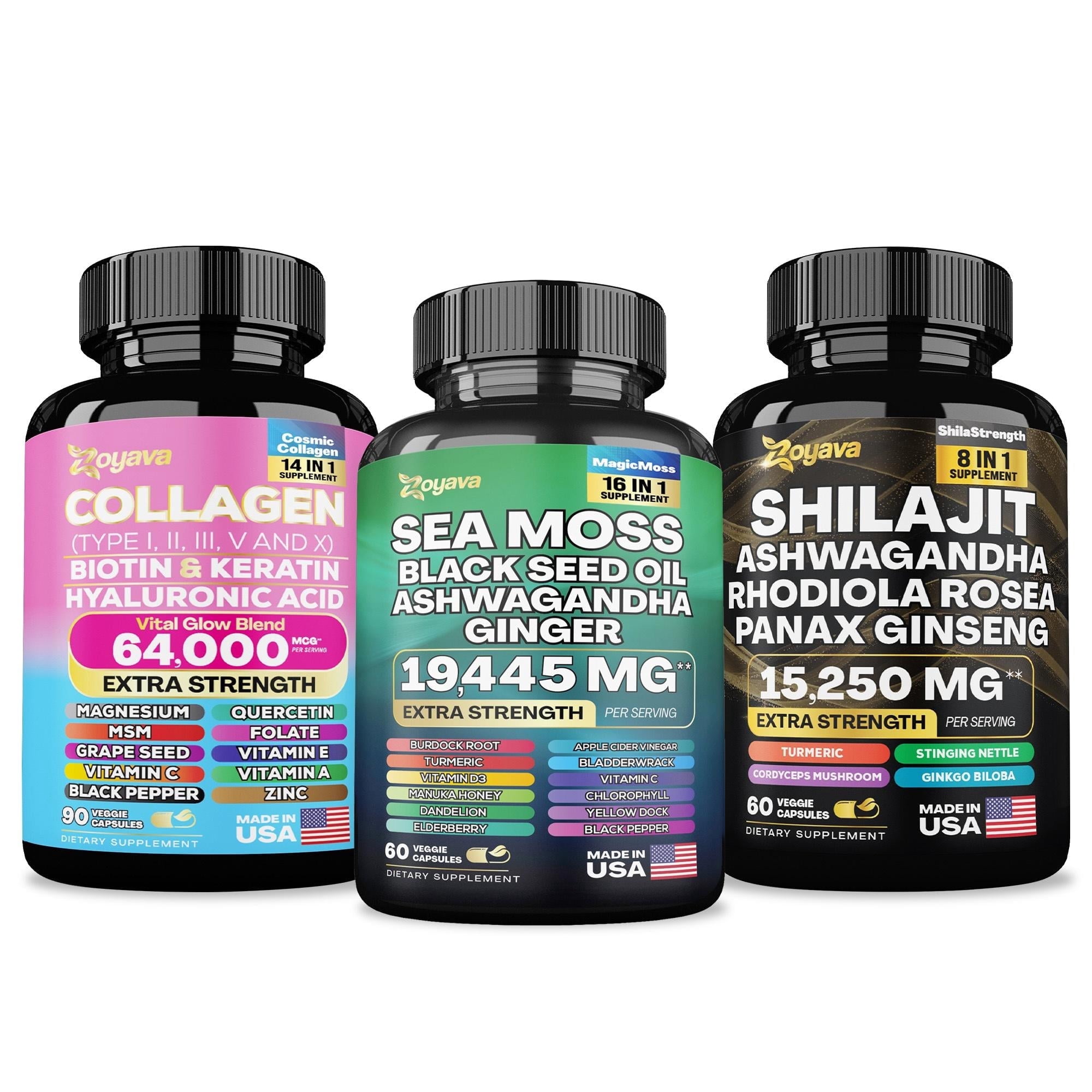 Ultimate Wellness Trio: Sea Moss, Shilajit, Collagen with Black Seed Oil, Ashwagandha, Turmeric, Bladderwrack, Burdock, Ginger, Vitamin C/D3, Elderberry, Dandelion, Yellow Dock, Chlorophyll, Rhodiola