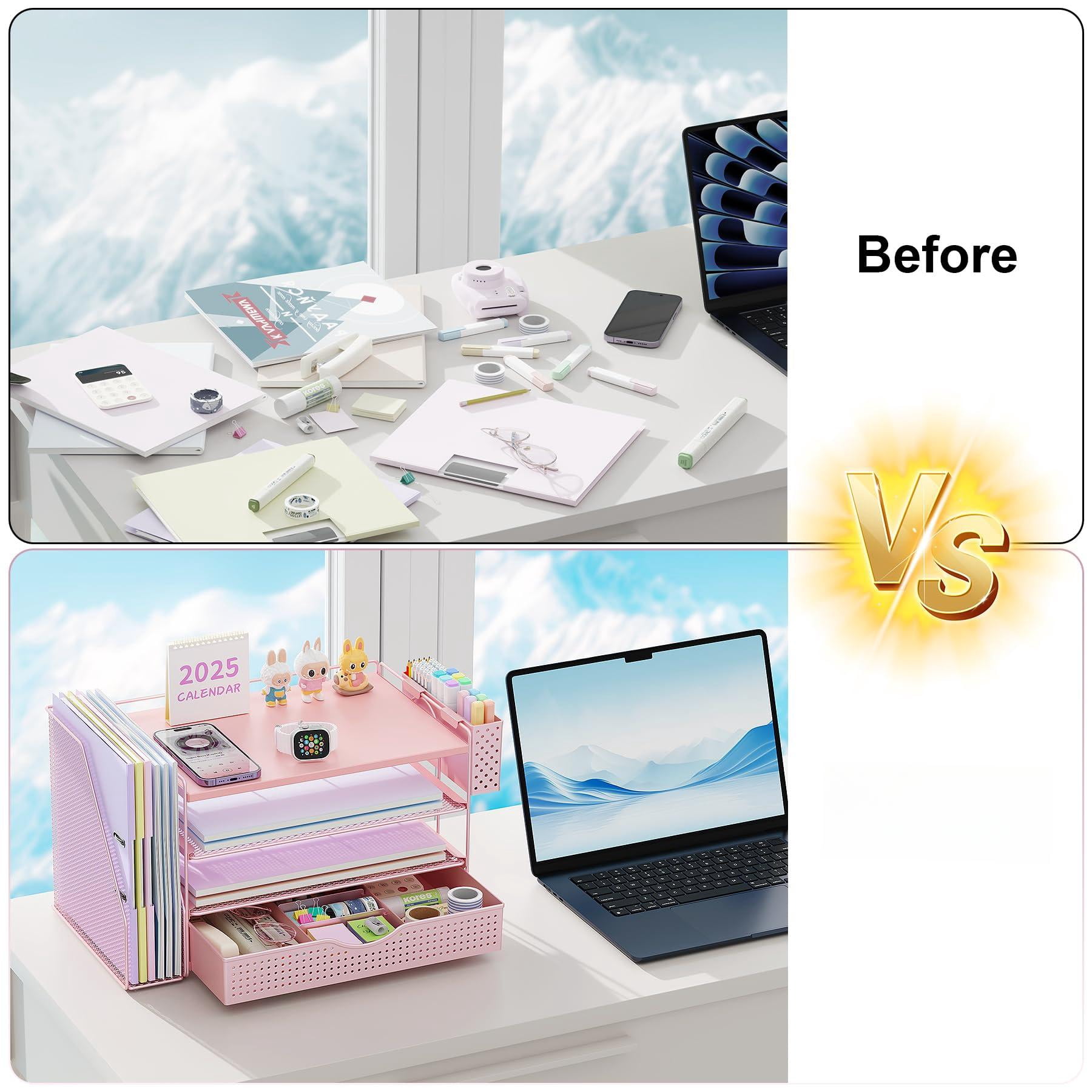 Wood Desk Organizers And Accessories With File Holder  4-tier & Workspace Drawer Pen Paper Organizer For Office Supplies (pink)