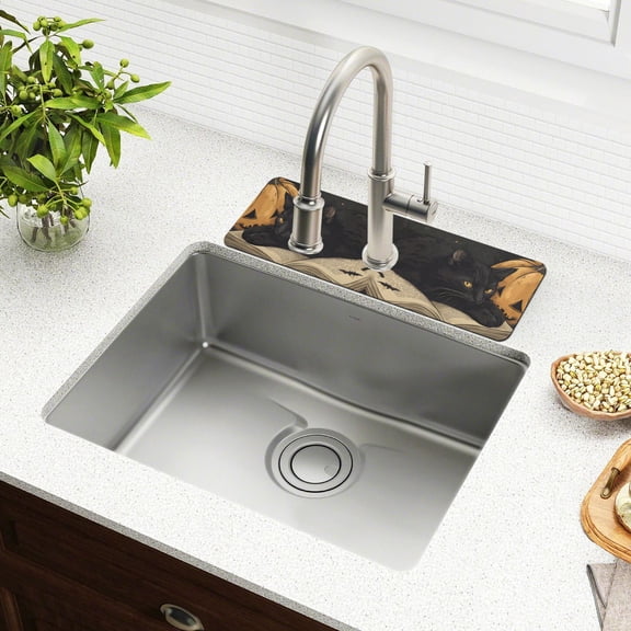 Yayeee Faucet Mat for Kitchen Sink 14.7" Diatomite Long Splash Guard Pad, Retro Halloween Cat