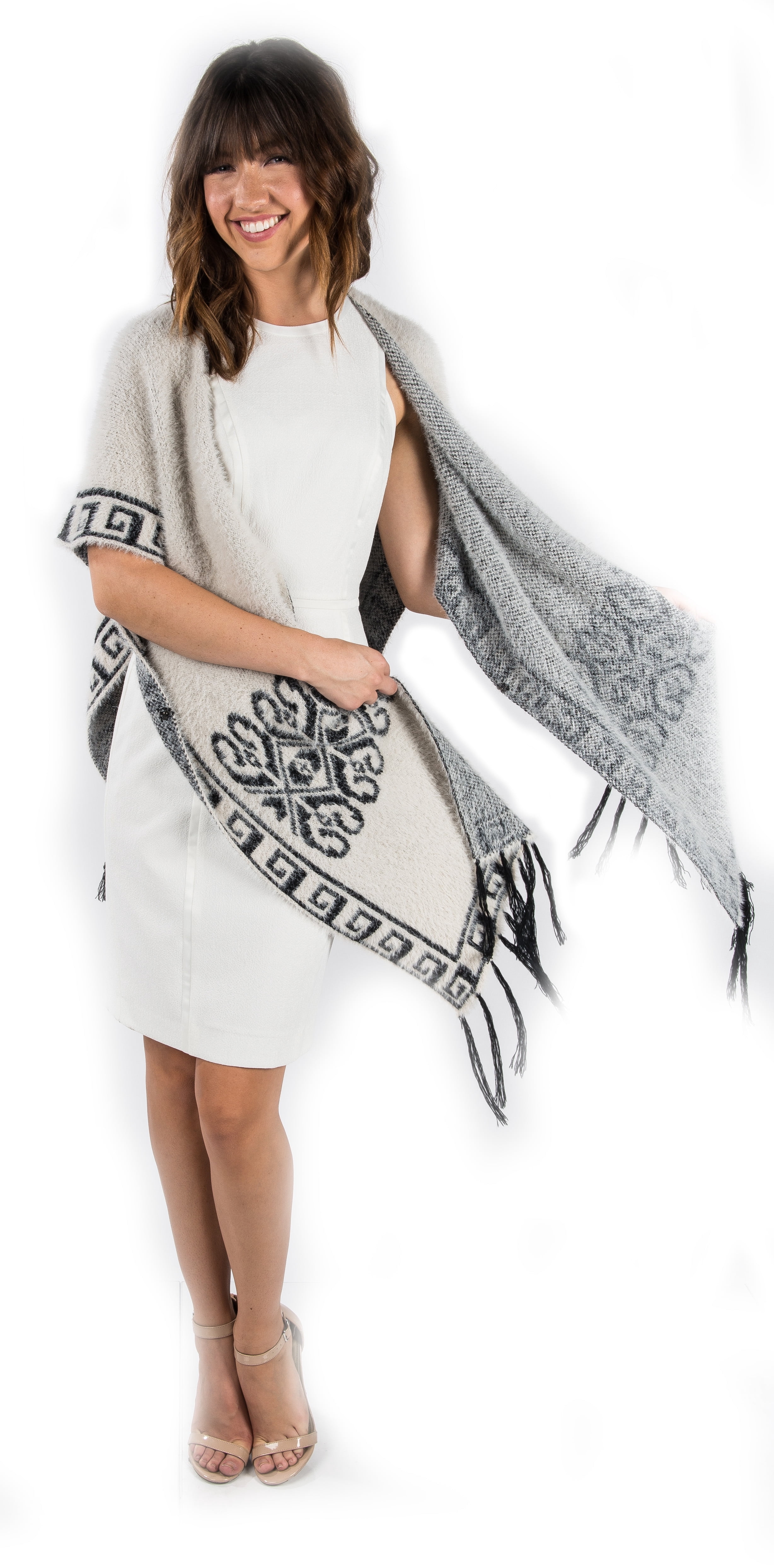 Women's Winter Knit Mayan Pattern Fringe Knit Poncho
