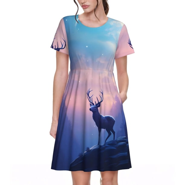 Balery Night Sky Elk Vestidos sueltos de manga corta para mujer, vestidos de verano 2025, vestidos casuales de corte A con vuelo.