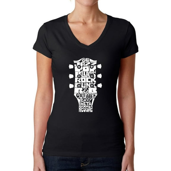 Women's Word Art V-Neck T-Shirt - Guitar Head Music Genres