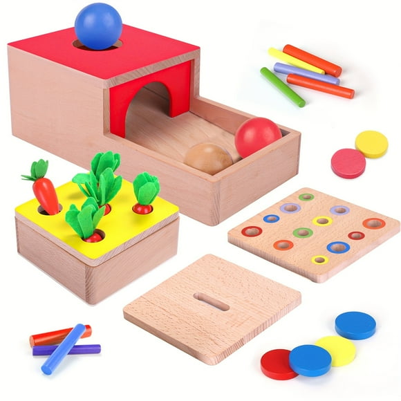 QJUHUNG Montessori Toys For 1 Year Old 4 In 1 Wooden Toys For Baby Boy Girl Object Permanence Box Color&Shape Sorting Learning Matching Game Carrot Harvest Preschool Educational Gift