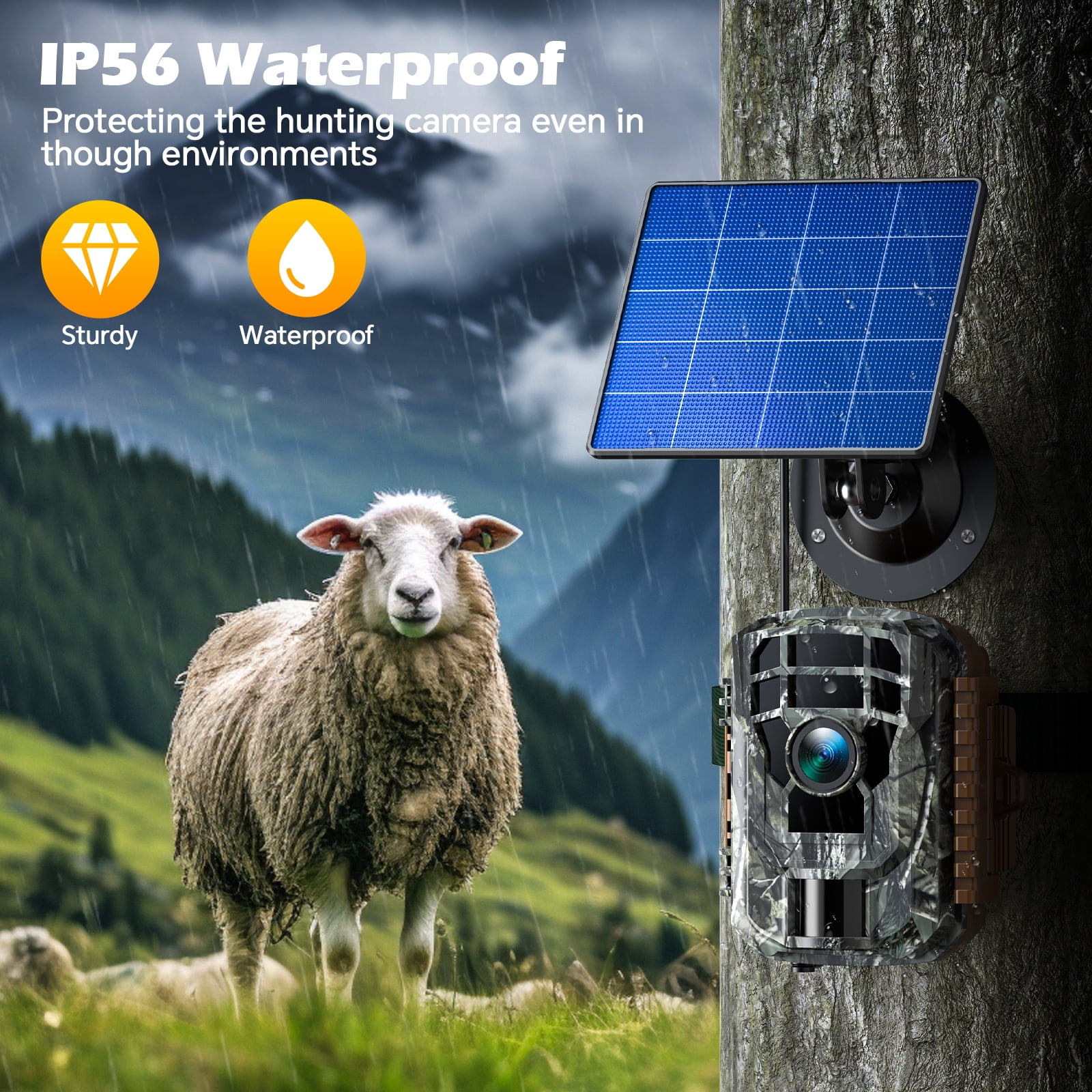CAMPARK Trail Camera, 36MP 2K Hunting Camera with 2500mAh Solar Panel Night Vision Motion Activated IP66 Waterproof, 120° Wide-Angle Trail Cam for Wildlife Scouting