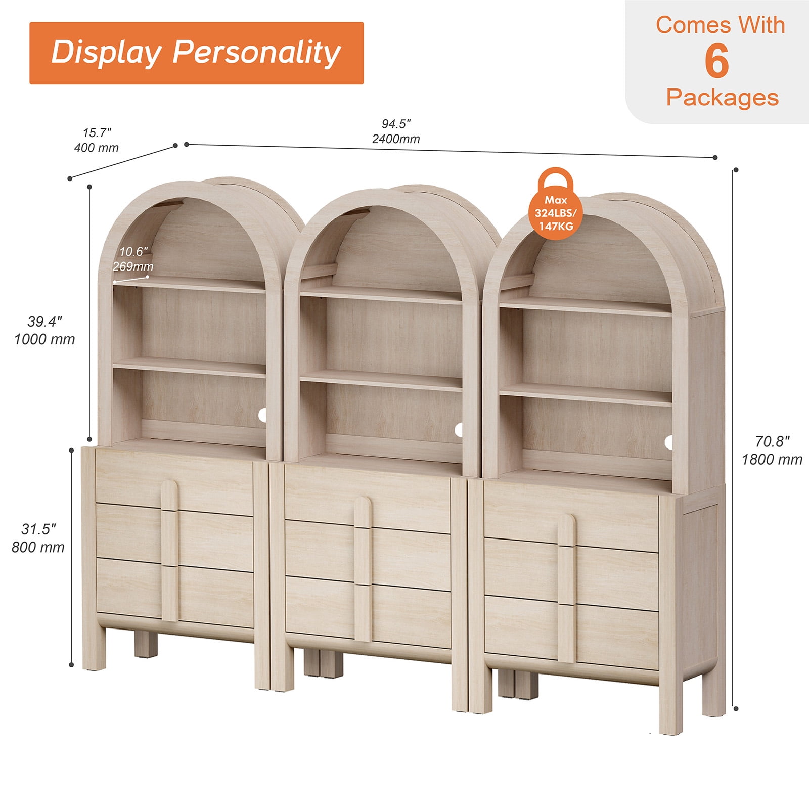 Mid-Century Modern 94.5" Sideboard Buffet Cabinet with Storage, 3-In-1 Wood Credenza with 9 Drawers and Shelves for Kitchen Living Room, Dining Room