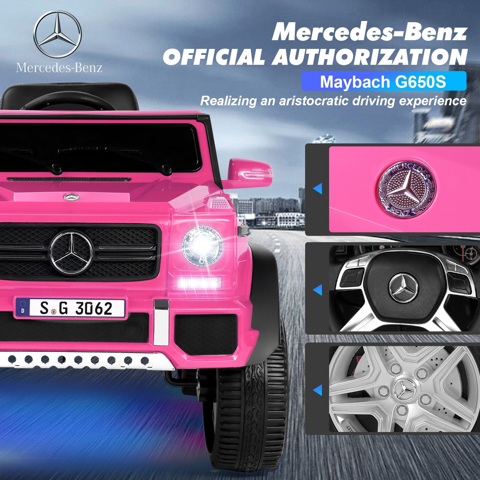 JOYLDIAS 12V Mercedes-Benz G650S Kids Ride On Car Electric Toy w/Remote Control, 3 Speeds, LED Lights, Bluetooth, Music(Pink)
