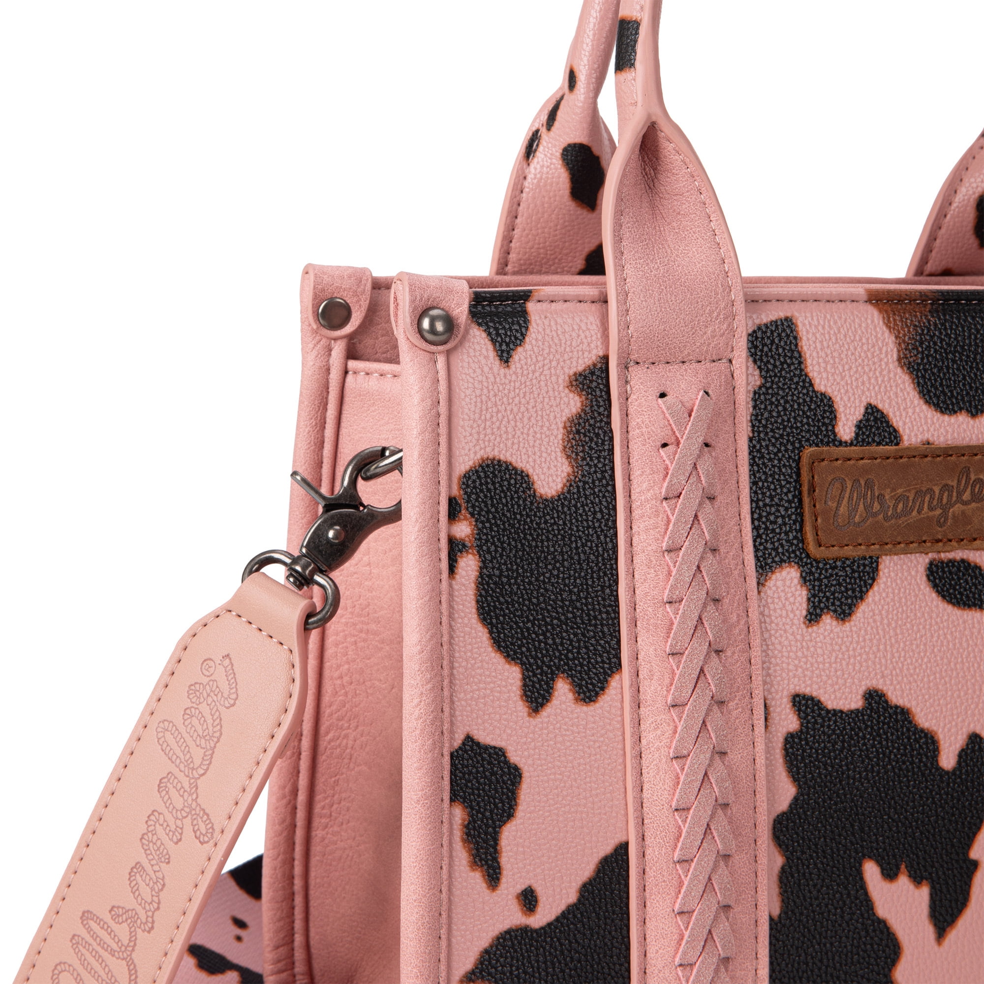 Wrangler Cow Print Tote Bag for Women Western Purse Boho Top Handle Satchel Handbag with Signature Strap, Cow-Pink