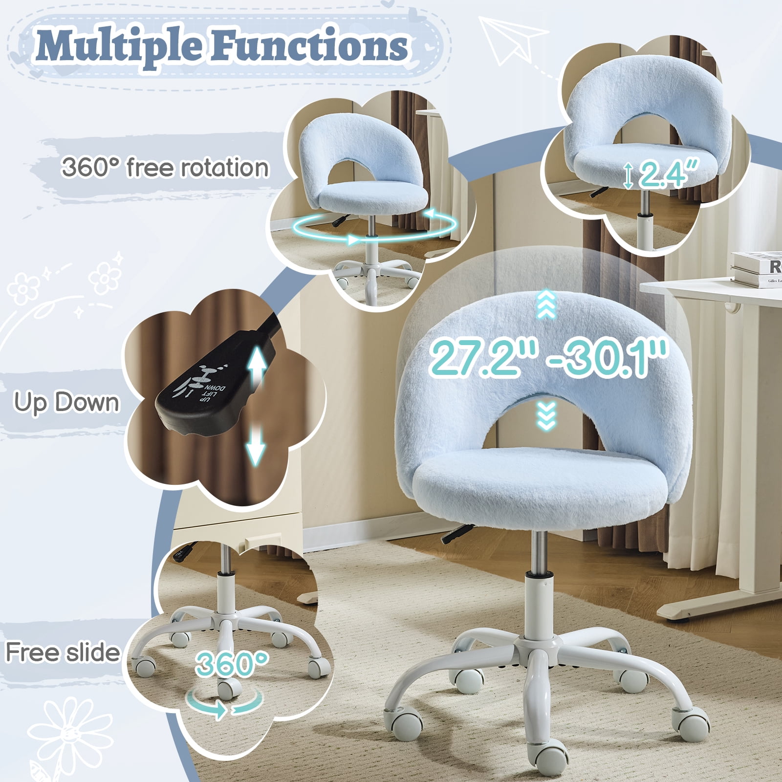 Ktaxon Vanity Makeup Chair Comfy Cute Accent Chair Small Swivel Task Office Chair with Wheels Faux Rabbit Hair Blue