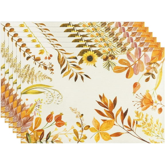 Fall Placemats Set of 6 Orange Maple Leaf Flowers Harvest Farmhouse Autumn Table Mats Thanksgiving Seasonal Linen Style Waterproof Kitchen Dining Table Decoration Indoor Outdoor 12x18 Inch