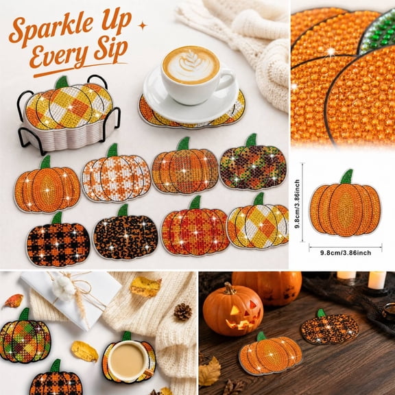 8 Pcs Diamond Art Kits for Adults, Pearl Kit, Holiday Decorations, Fall Pumpkin Diamond Art Painting Coasters DIY Autumn Diamond Art Painting Kit Diamond Coasters for Adults Crafts Gift Beginner