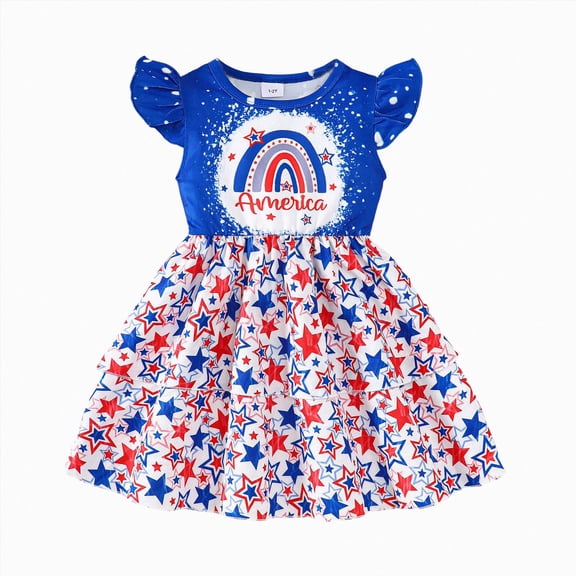 CAUYDY 2T 3T 4T 5T 6T 7T Dresses for Kids Girl Toddler Girls 4th of July Outfits Baby American Flag and Star Cute Print Dress Children Summer Sundress (Sizes 5-6 Years,Blue)