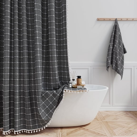 Charcoal Gray Boho Shower Curtain - Linen Rustic Heavy Duty Fabric Shower Curtain Set with Tassel, Farmhouse Bohemian Vintage Country Thick Cloth Shower Curtains for Bathroom - Gray - 72x72