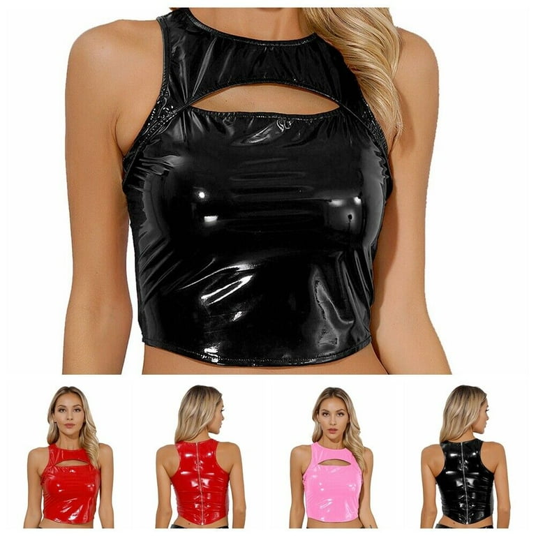 Women's PVC Leather Cutout Crop Tank Top Gothic Sleeveless Back