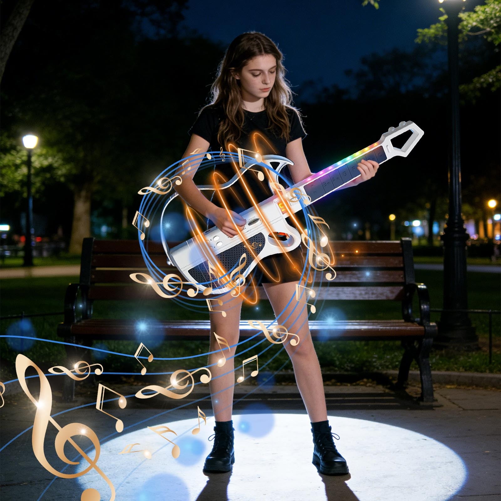 Eespoir Smart Bluetooth Electronic Guitar For Kids, No Strings Foldable Guitar Toy, Auto-Play One-Man Band Mode For Beginners, Portable Music Gift, Educational(White)