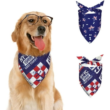 Dog Bandanas 2PCS, Patriotic Pet Bandanas Easy to Tie, Triangle Reversible American Flag Bandana for Dog, Memorial Day, Flag Day, Independence Day, Veterans Day, Stars & Flags, L