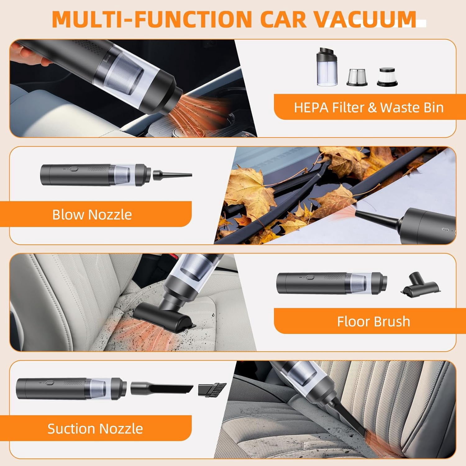 Cordless Handheld Vacuum Cleaner, 16000PA Strong Suction, Lightweight Portable for Car, Home, Office with Accessories