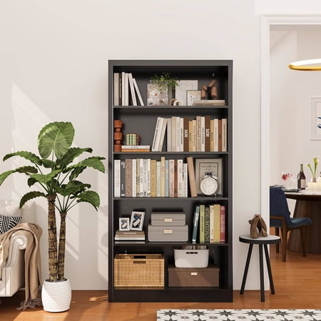 5-Shelf Black Metal Bookcase with Adjustable Shelves, Anti-Tip Device, for Living Room, Office or Study