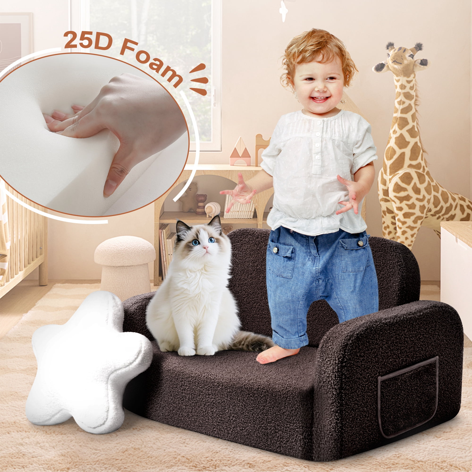 Babyeap Extra Wide Kids Chair,2-in-1 Convertible Toddler Chairs,Soft Comfy Kids Couch, Kids Sofa for Boys & Girls 3+,Brown