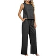 thumbnail image 2 of Fall Fashion 2025 2 Piece Jean Sets for Women Basic Crew Neck Jeans Tank Top for Work Office Casual Zip Straight Wide Leg Pants with Pockets, 2 of 4