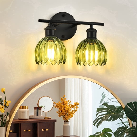 GCGAFUL Modern Black Bathroom Vanity Light, 12.2 in. 2-Light Wall Sconce with Green Tulip Glass Shade