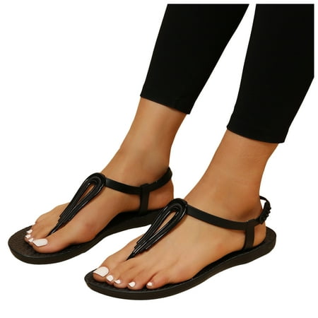ZHAGHMIN Sandal for Women Size6.5 Summer Flat Thong Sandals with T-Strap and Adjustable Ankle Buckle Leather Dressy Sandals for Women Black