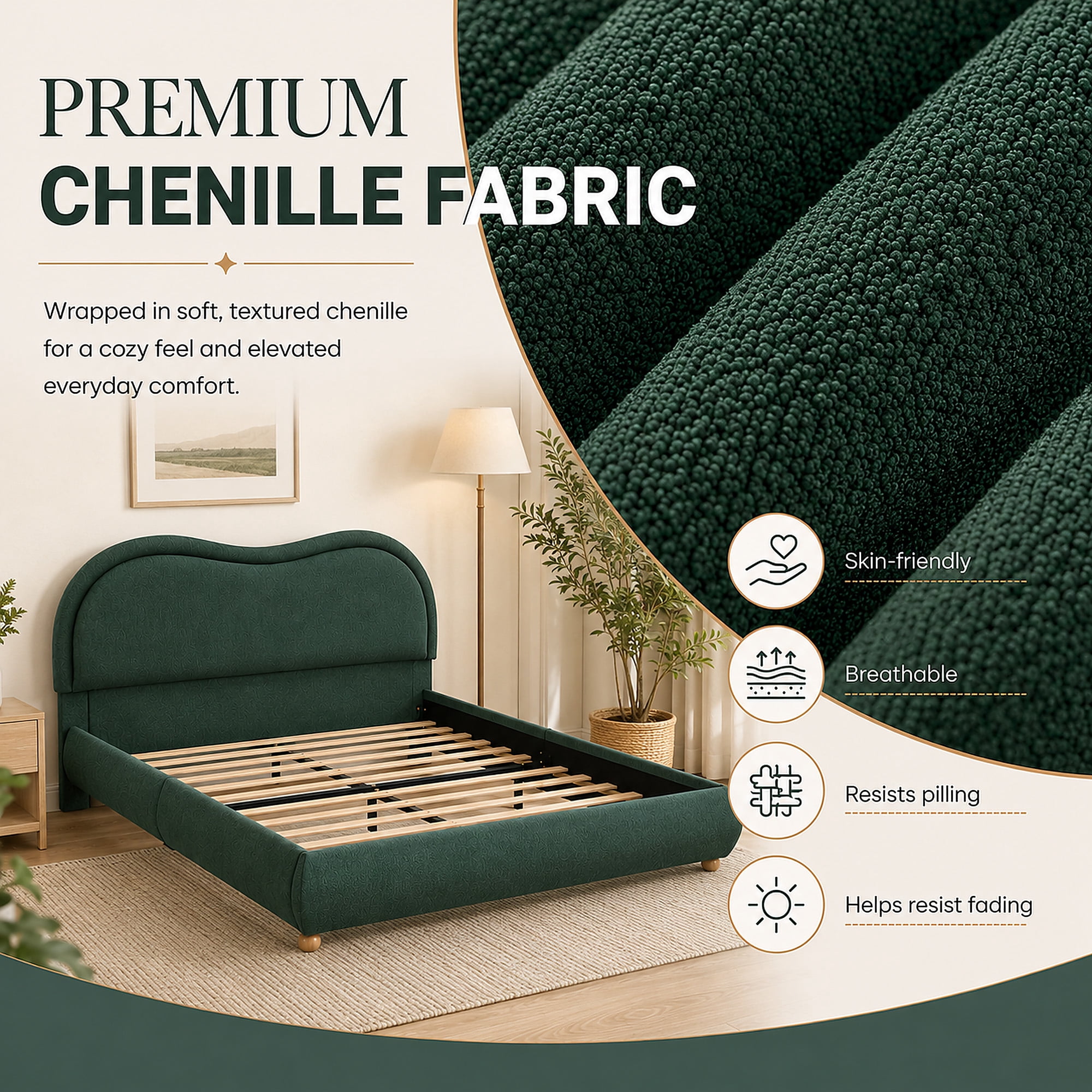 Miniyam King Bed Frame with Curved Headboard, Green Chenille Upholstered Platform Bed with Wooden Slats