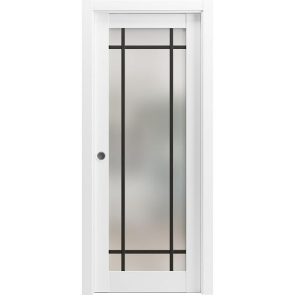 Sliding French Pocket Door 18 x 80 inches | Planum 2112 White Silk Frosted Glass | Kit Trims Rail Hardware | Solid Wood Interior Bedroom Sturdy Doors