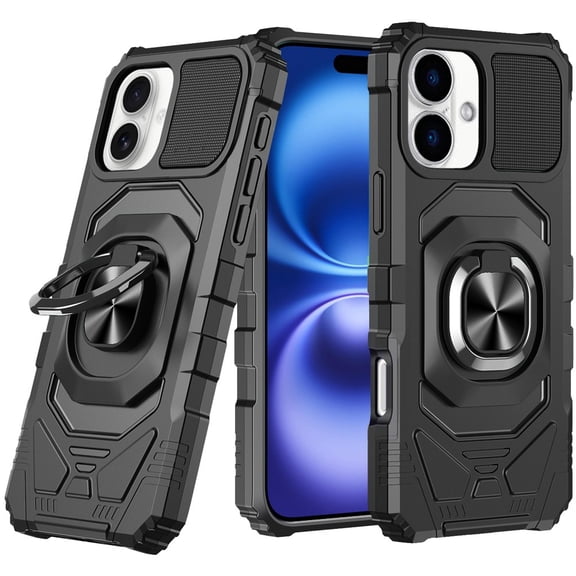 For iPhone 17 Robotic Hybrid with Magnetic Ring Stand Case Cover - Black