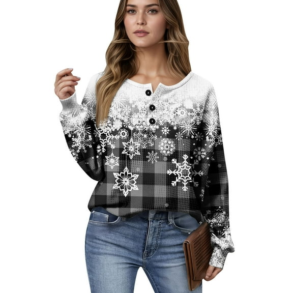 Women's Autumn Winter Snowflake Print Top Waffle Henry Shirt for Winter Themed Comfortable and Casual Shirts with Loose Knit,Black,L