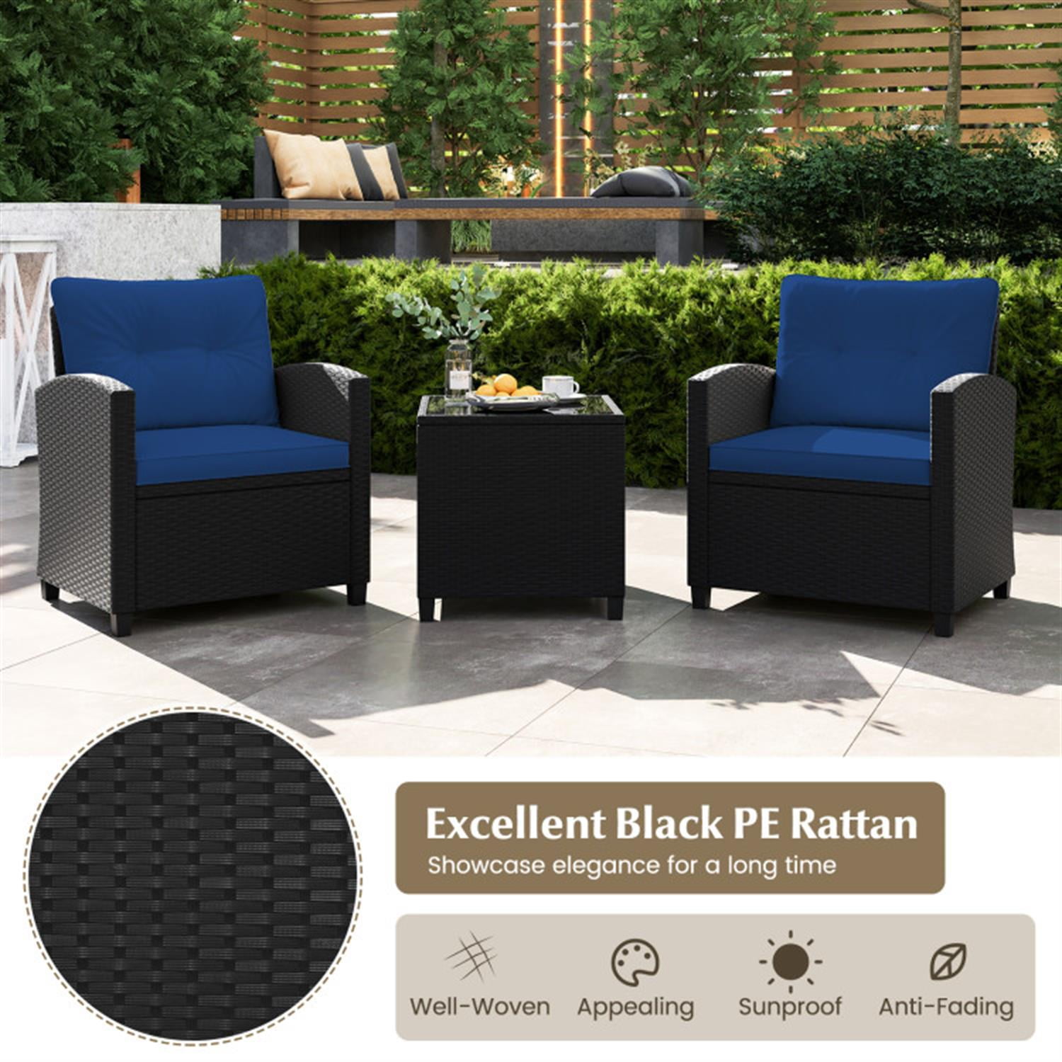 Demi Bonn 3 Pieces Rattan Patio Furniture Set with Washable Cushion, Conversation Armchairs for Garden Poolside Balcony, Navy