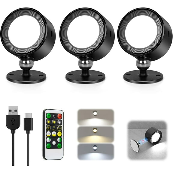 LED Wall Lights with Remote, 3 Pcs Rechargeable Wall Mounted Reading Sconces Lamp 3000mAh, 3 Colors & Dimmable Magnetic 360° Rotation Cordless Wall Lighting Spotlights for Bedroom Bedside Hallway